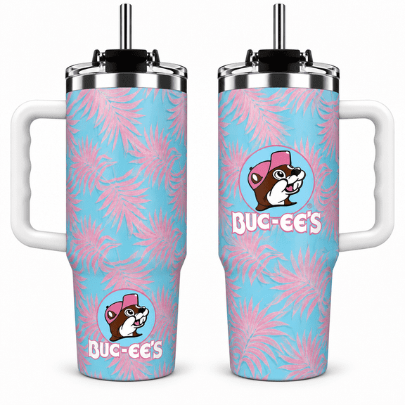 Buc-ee’s Blue Pink Palm 40oz Tumbler With Handle, Tropical Insulated Travel Cup