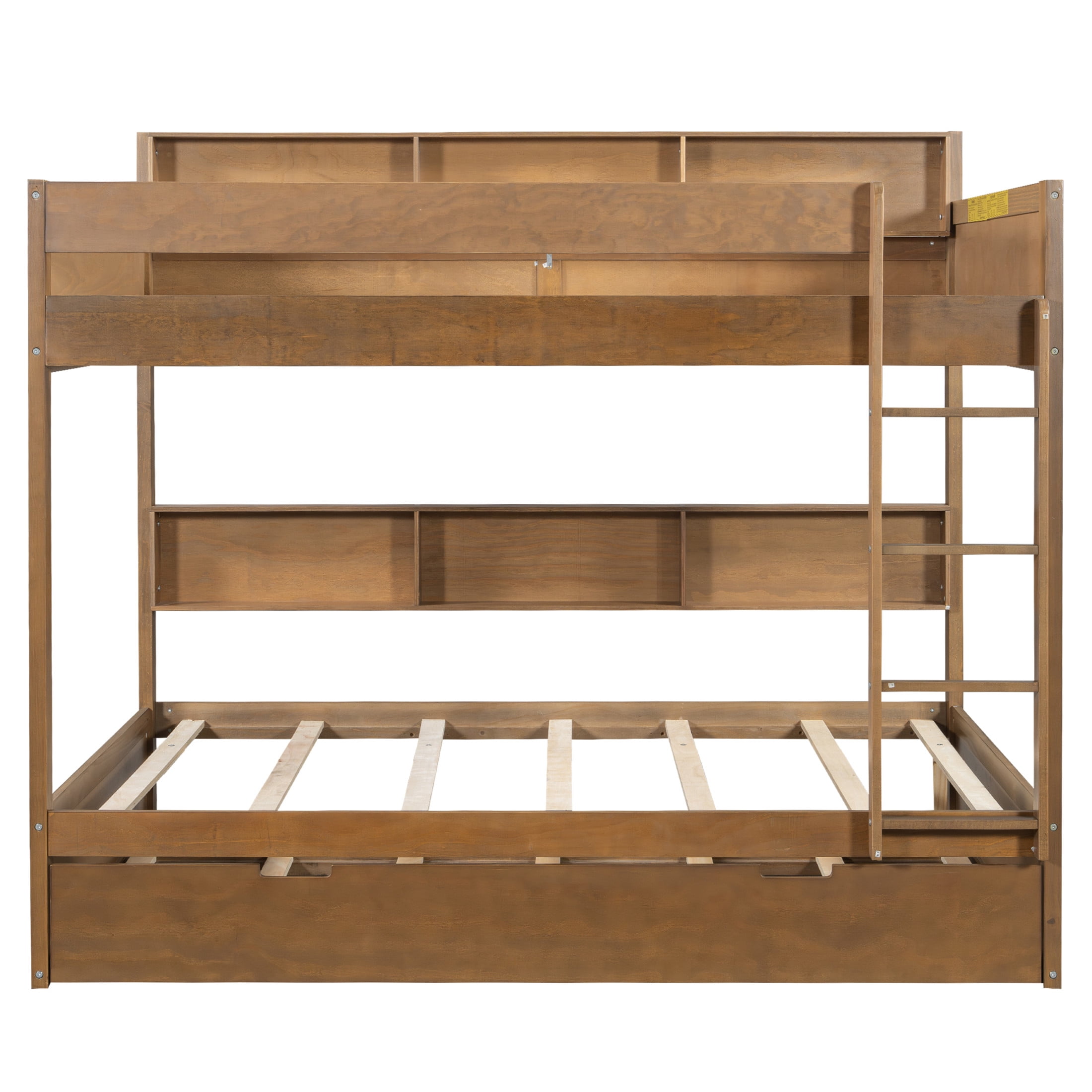 Noble House Erika Twin over Twin Bunk Bed with Pull-out Trundle and Integrated Storage Shelves, Antique Wood