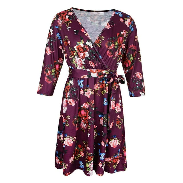 Tachiuwa Robe Courte Bohème Imprimée Florale Manches 3/4 Col en V Profond avec Ceinture TG