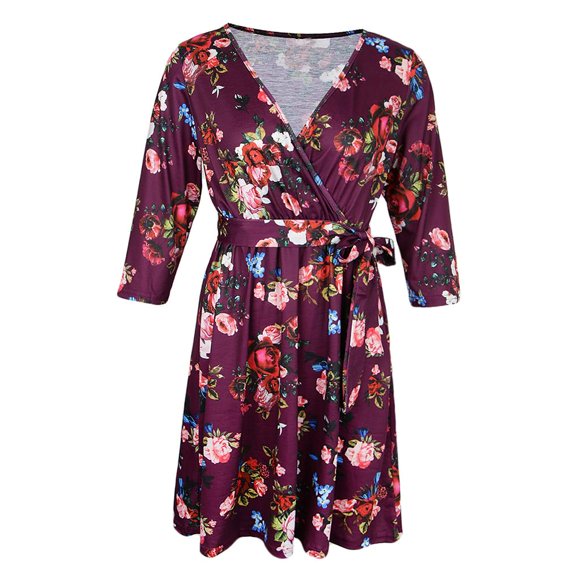 midi con cuello en estampado floral para mujer, manga 3/4, hasta la , de playa SG Yuyangstore Vestido en V floral con cuello en V