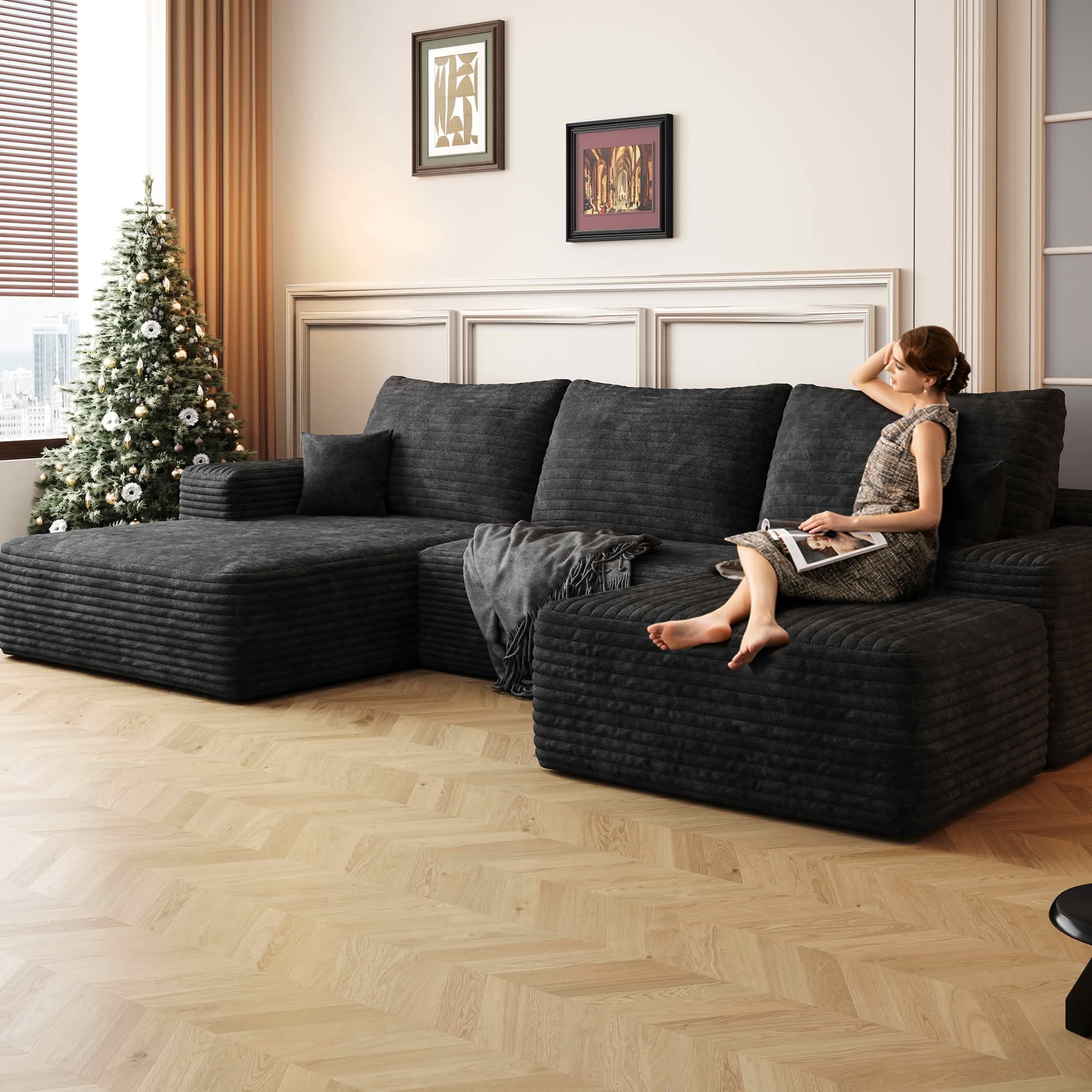 MAYEERTY Compressed 107" L‑Shaped Modular Cloud Sectional Sofa with Chaise, Plush Corduroy Reversible Deep‑Seat Couch, Independently Movable No‑Assembly Floor Sofa