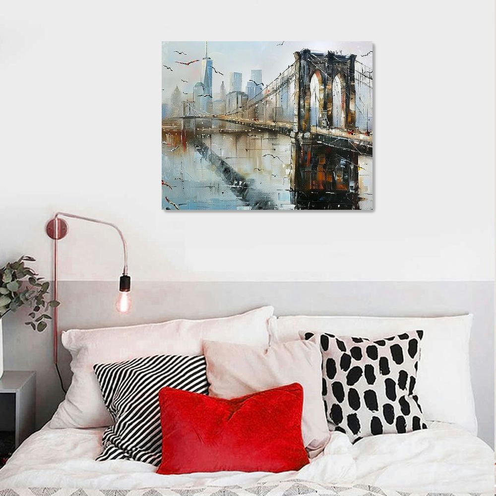 Brooklyn Bridge Canvas Wall Art - 40x20 Inch New York City Skyline Painting, Framed Textured Artwork