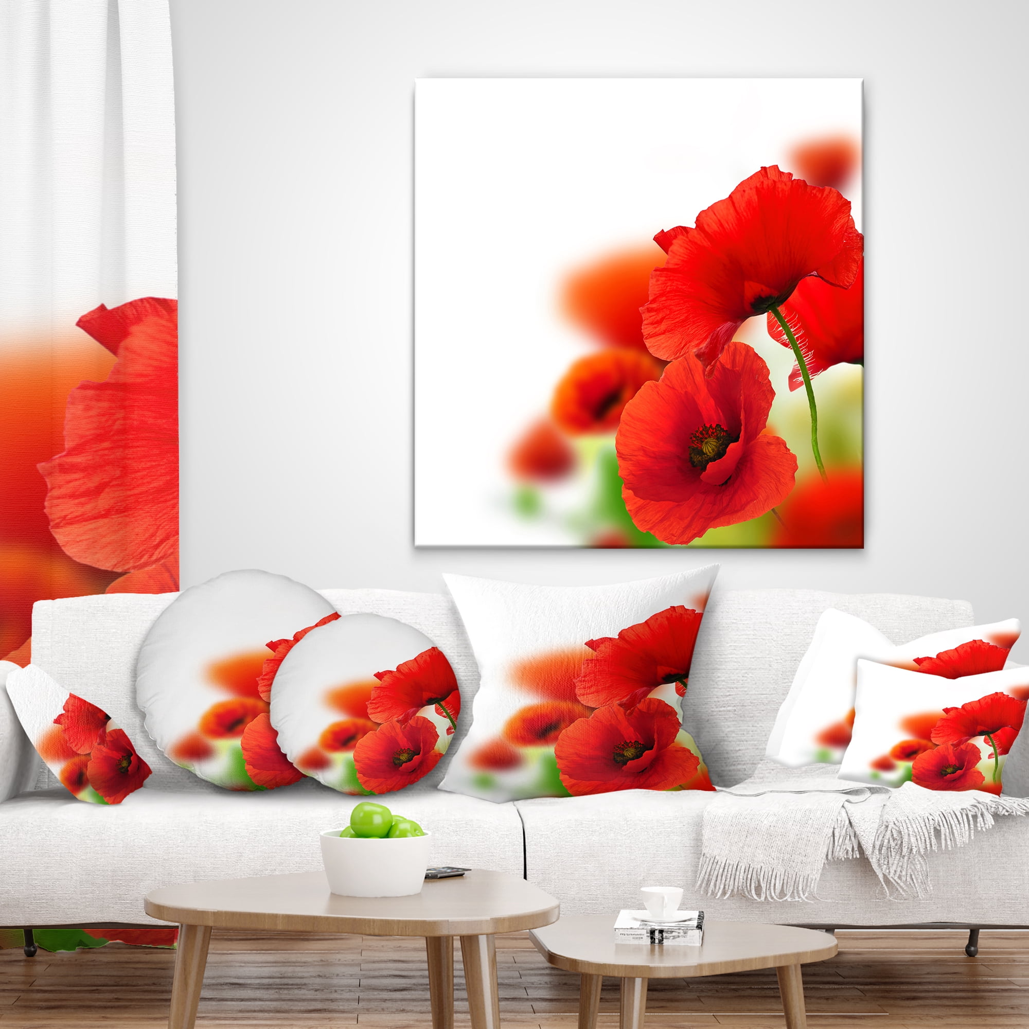 Designart Fantastic Poppy Flowers on White - Floral Throw Pillow - 12x20