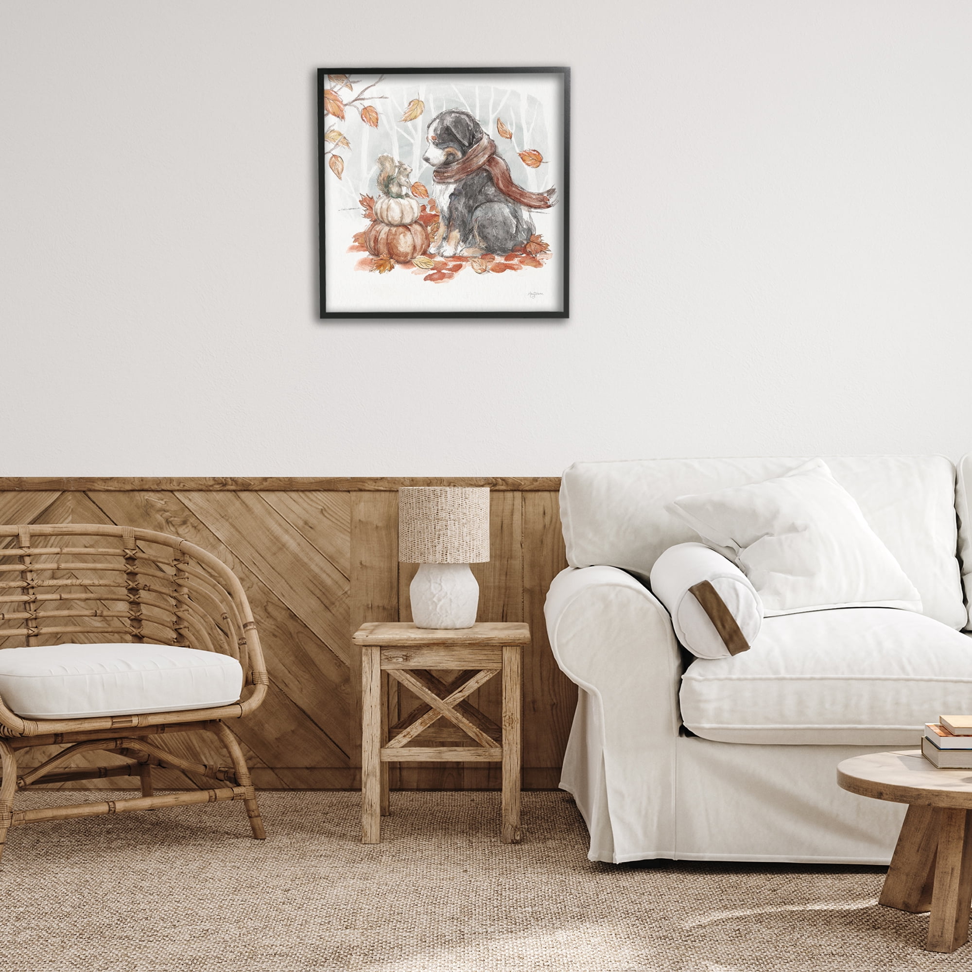 Stupell Industries Dog & Fall Pumpkins Holiday Painting Black Framed Art Prints Wall Art, 24 x 24