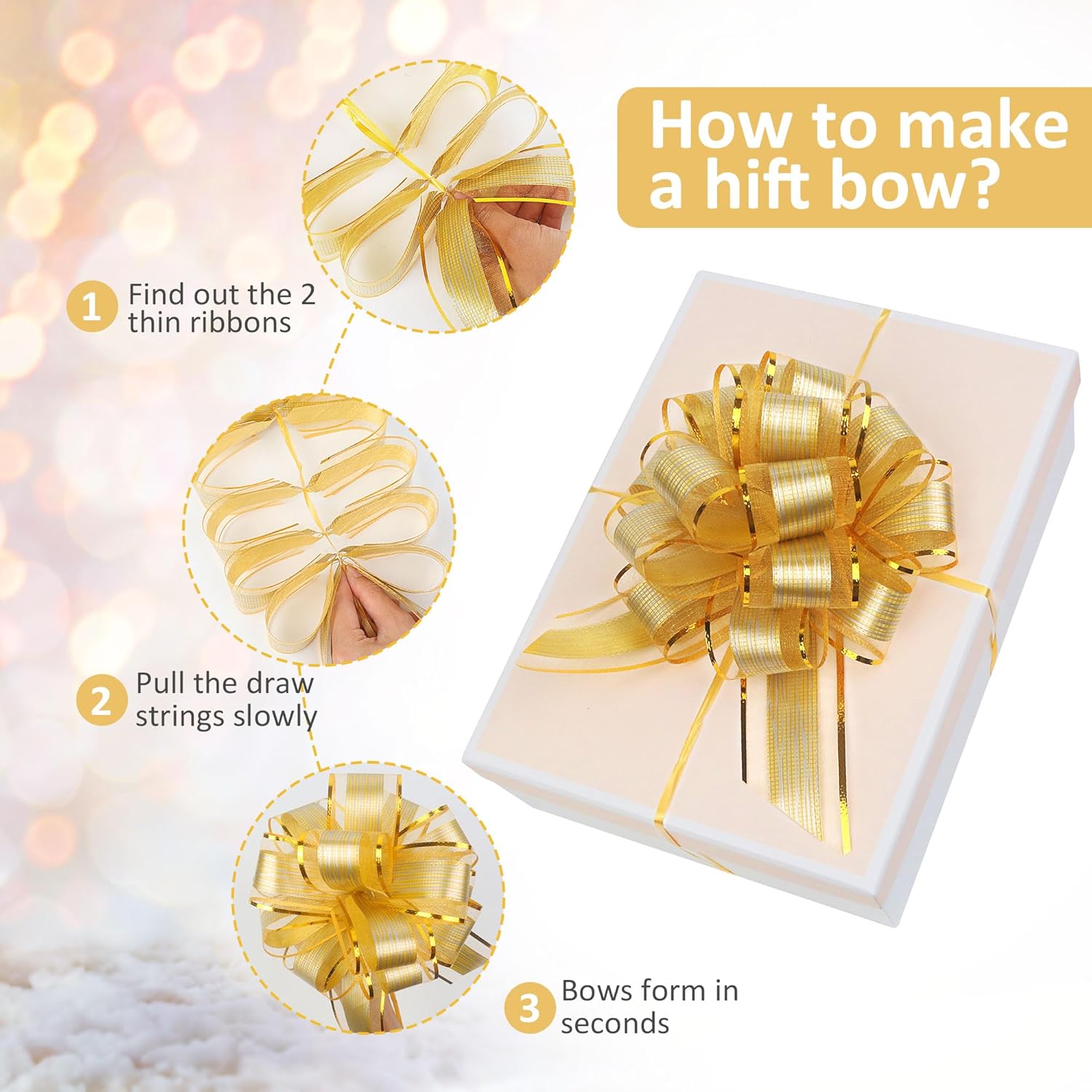 10 Pack Large Pull Bows 6 Inch - Big Gold Bows for Gift Wrapping, Ribbon Pull Bows for Mother's Day, Wedding Baskets Birthdays Gift