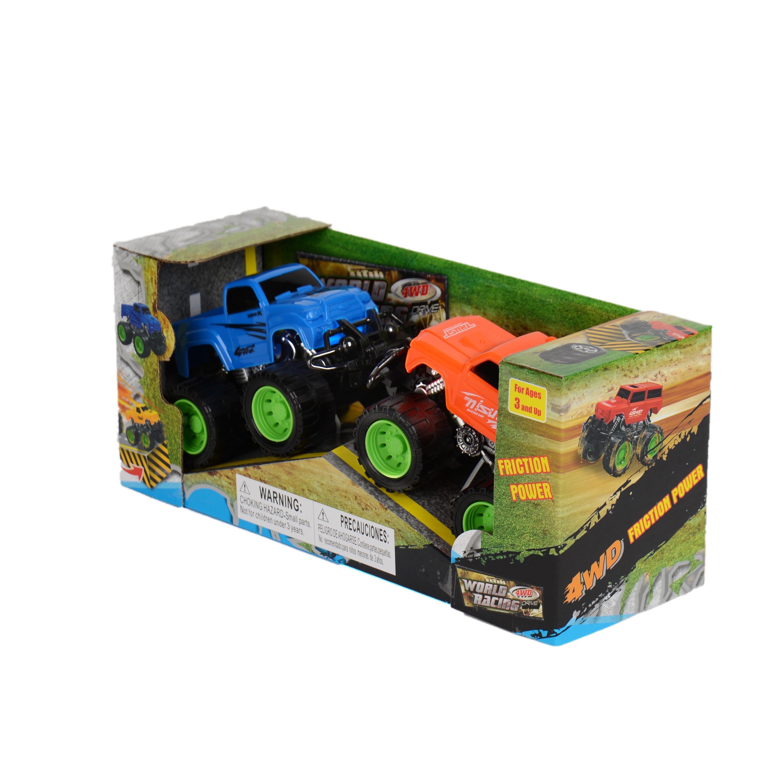 Set of 2 Friction Monster Trucks with Ramp – Travel-Size Off-Road Toy Trucks for Kids