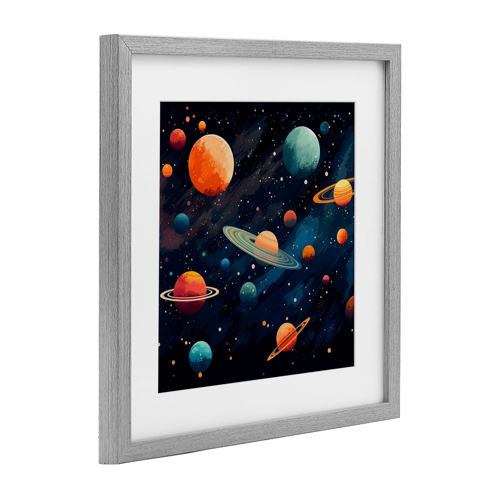 Stupell Industries Orange & Blue Planets in Orbit Gray Framed Print Under Glass, design by Creative Studio