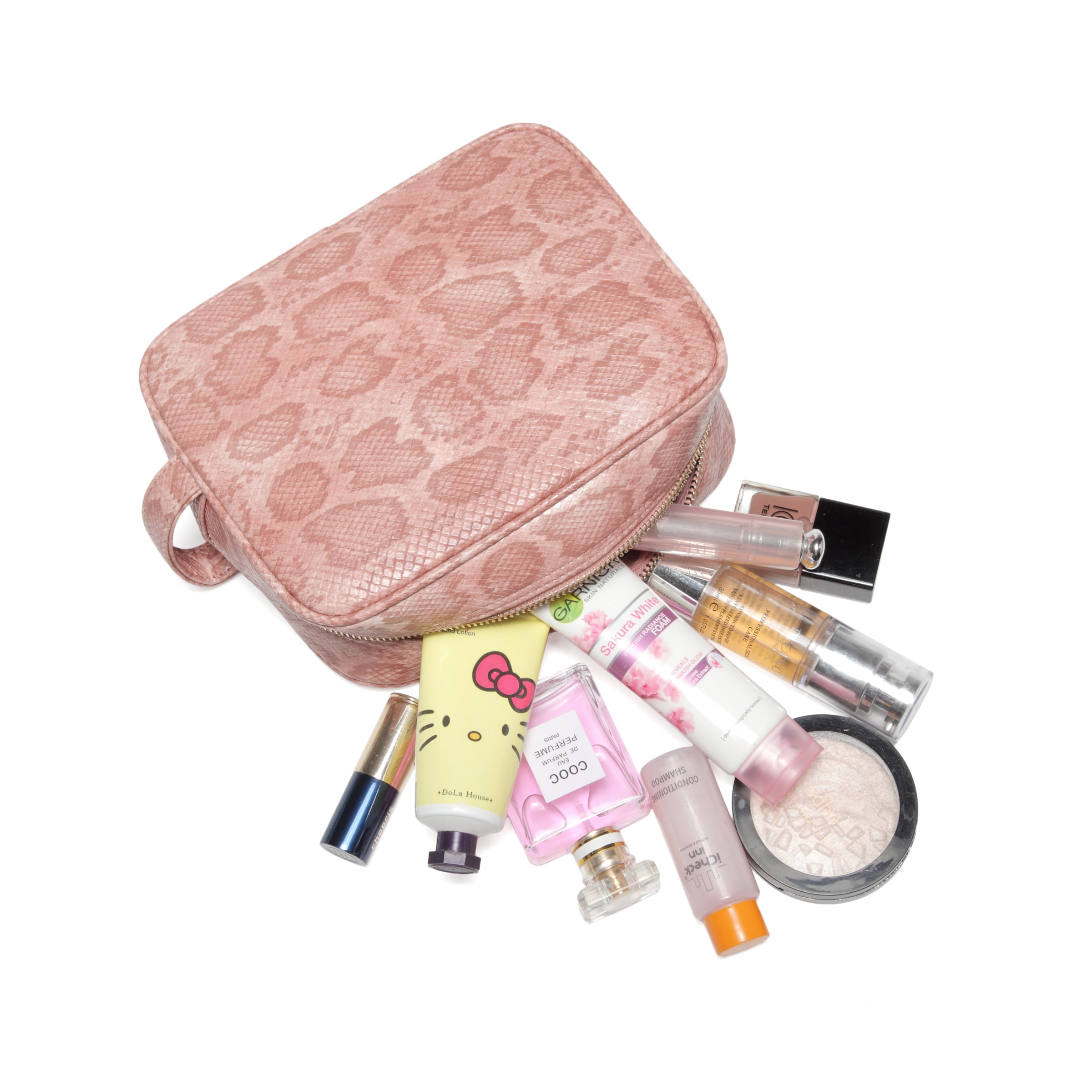 Daisy Rose Cosmetic Toiletry Bag PU Vegan Leather Travel Bag for Women - Pink Snake