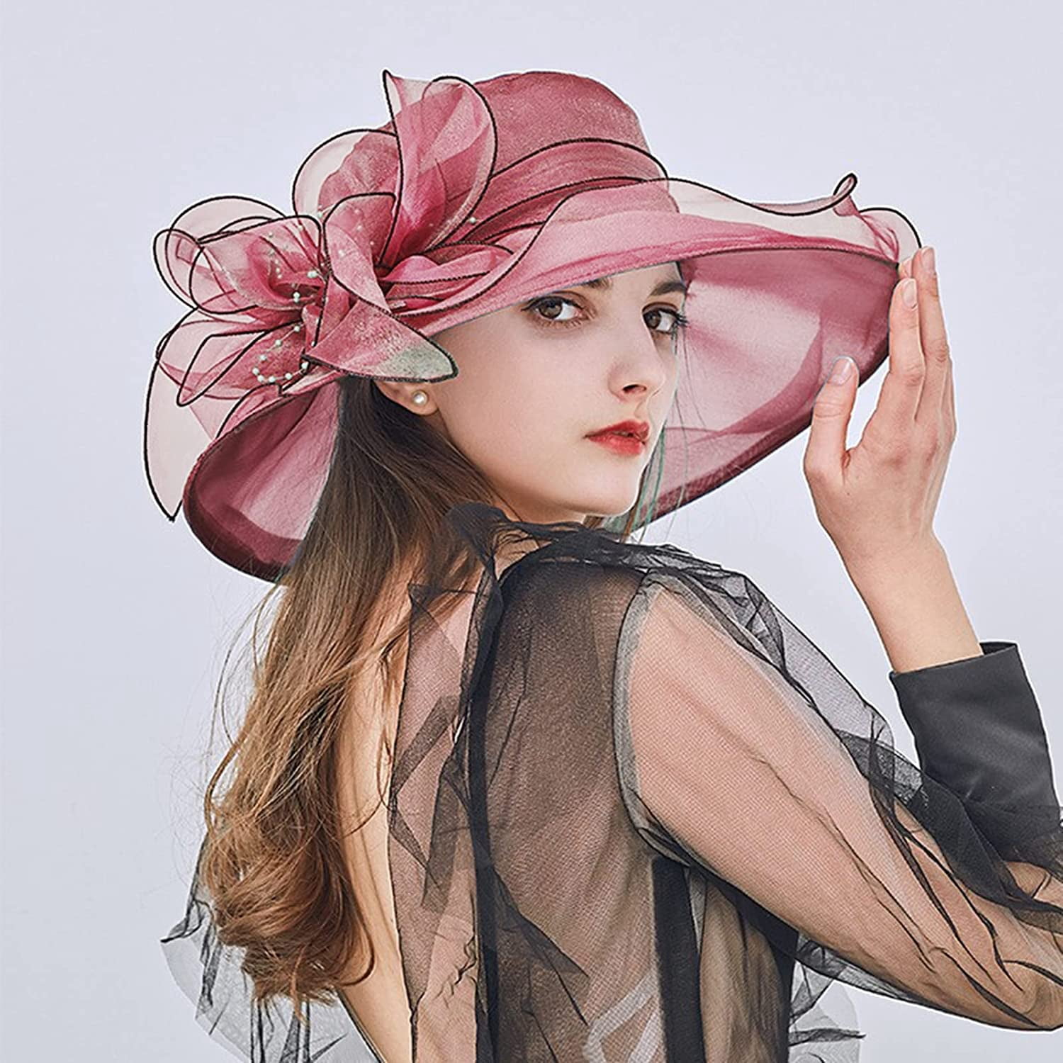 8266 2025 Derby Hats For Women Girls Ladies, Organza Church Tea Party Women Organza Church Derby Hat Wide Brim Sun Hats for  main image 2