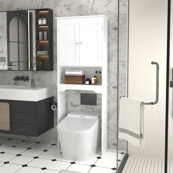 Over-the-Toilet Storage Cabinet, Bathroom Space Saver Organizer with Anti-Tip Device & Adjustable Shelf, Freestanding, White