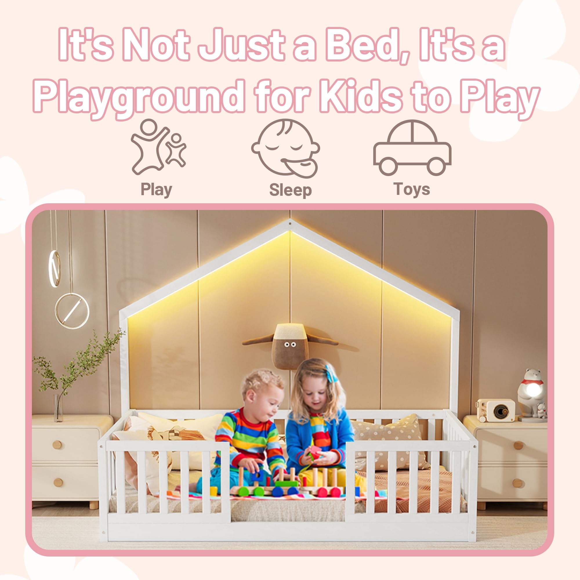 Mirightone Twin Floor Bed with High Rails, Wooden Montessori Bed Frame with Single Color Light and House Shape Design, Low Profile Beds, twin bed frames white