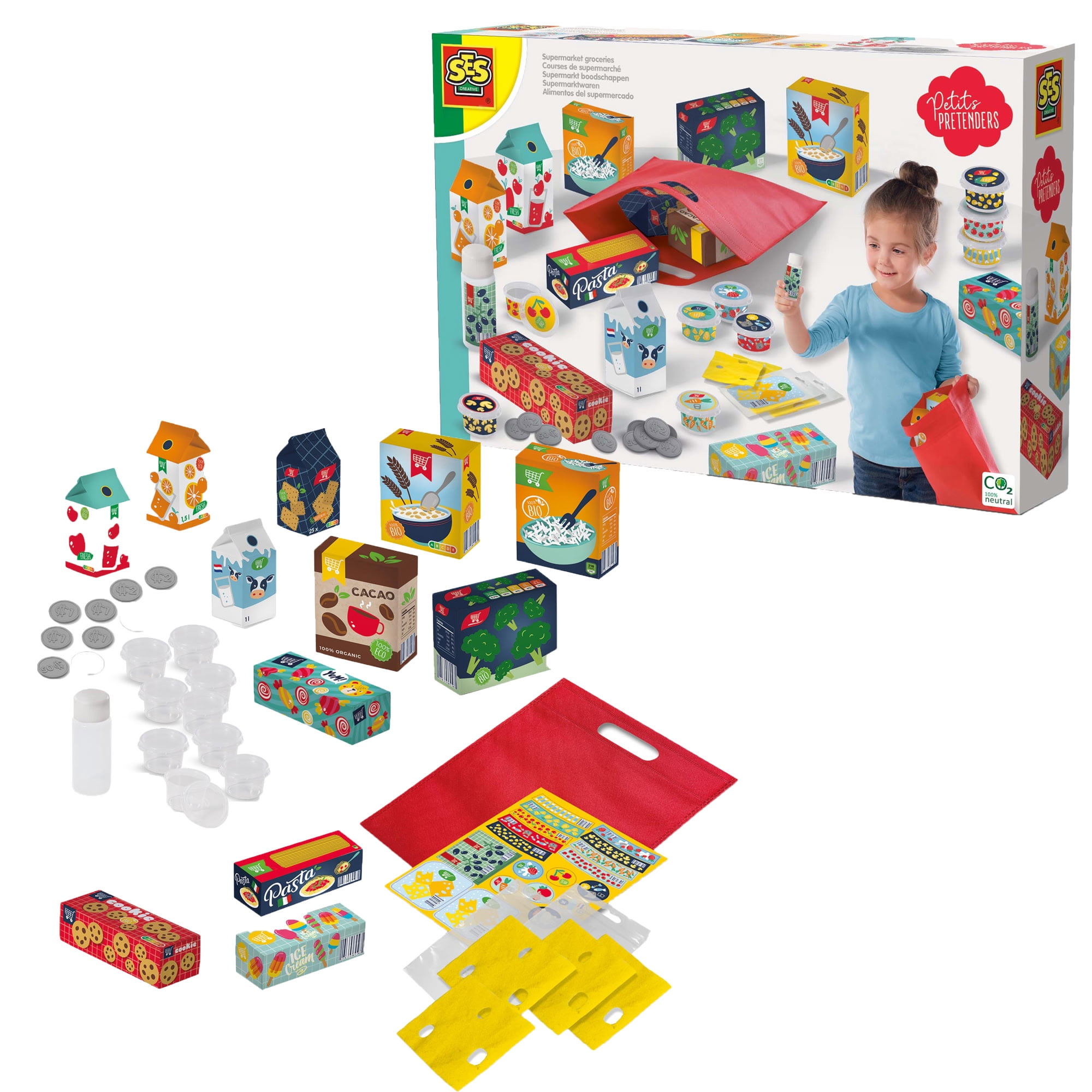 SES Creative: Supermarket Groceries - 55pcs, Shopping, Food & Kitchen Toy Set, 30 Realistic Mini Groceries, Play Money Coins & Bills, Kids Ages 3+
