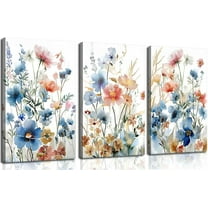Wildflower watercolor Bouquet Canvas Wall Art Nursery Colorful Botanical Floral Wall Decor Pictures Boho Blue Flower Posters Prints for Corridor Living Room Classroom Bedroom (only canvas)