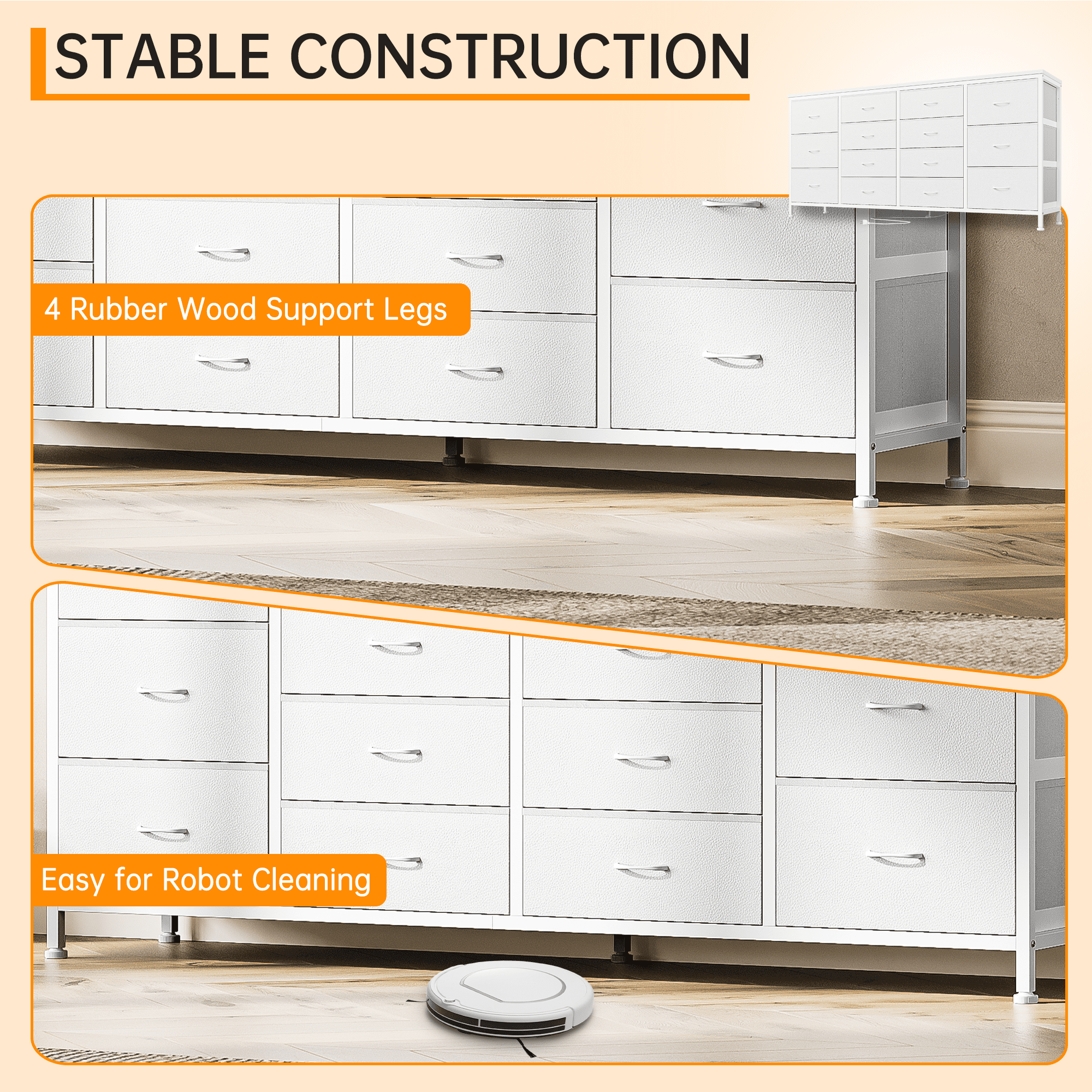 PIONEERWORKS 14-Drawer Dresser TV Stand, 63" Wide Fabric Storage Cabinet with Power Outlets for Bedroom, Entertainment Center for 65-75 Inch TVs, White
