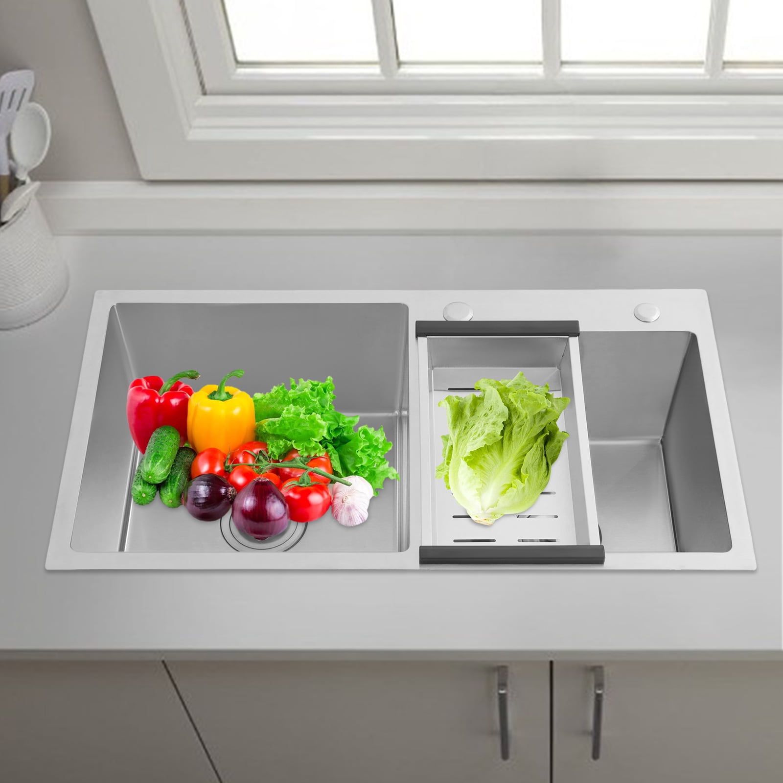 33 Inch Double Bowl Stainless Steel Kitchen Sink, Top/Undermount with Soundproof Pads & Anti-Condensation Coating, Silent Workstation for Easy DIY Installation, Includes Drain Kit