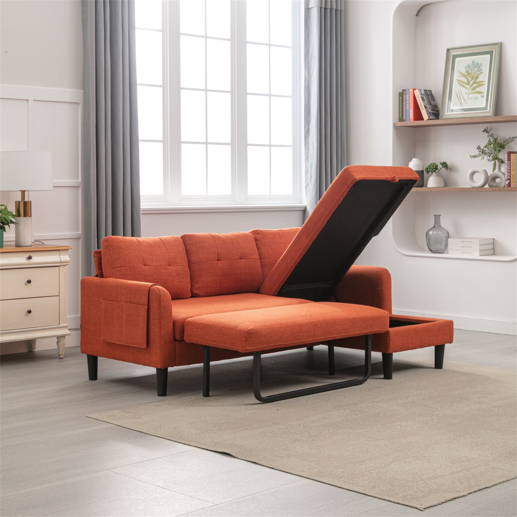 Resenkos L Shaped 4-Seat Sleeper Sectional Sofa Couch Pull-Out Bed and Storage Chaise Lounge, Orange Resenkos L Shaped 4-Seat Sleeper Sectional Sofa Couch Pull-Out Bed and Storage Chaise Lounge, Orange