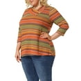 thumbnail image 4 of MODA NOVA Juniors Plus Size Stripe Knitted Boho 3/4 Sleeve V Neck Top 1X Orange, 4 of 7