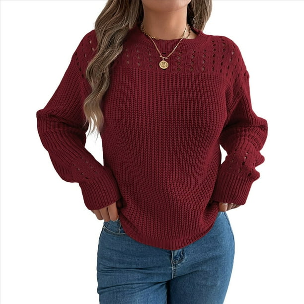 Suéter de Crochet Calado para Mujer, Jersey de Punto de Larga con Cuello Redondo, Camisa Informal de Otoño e Invierno. Rojo Vino S