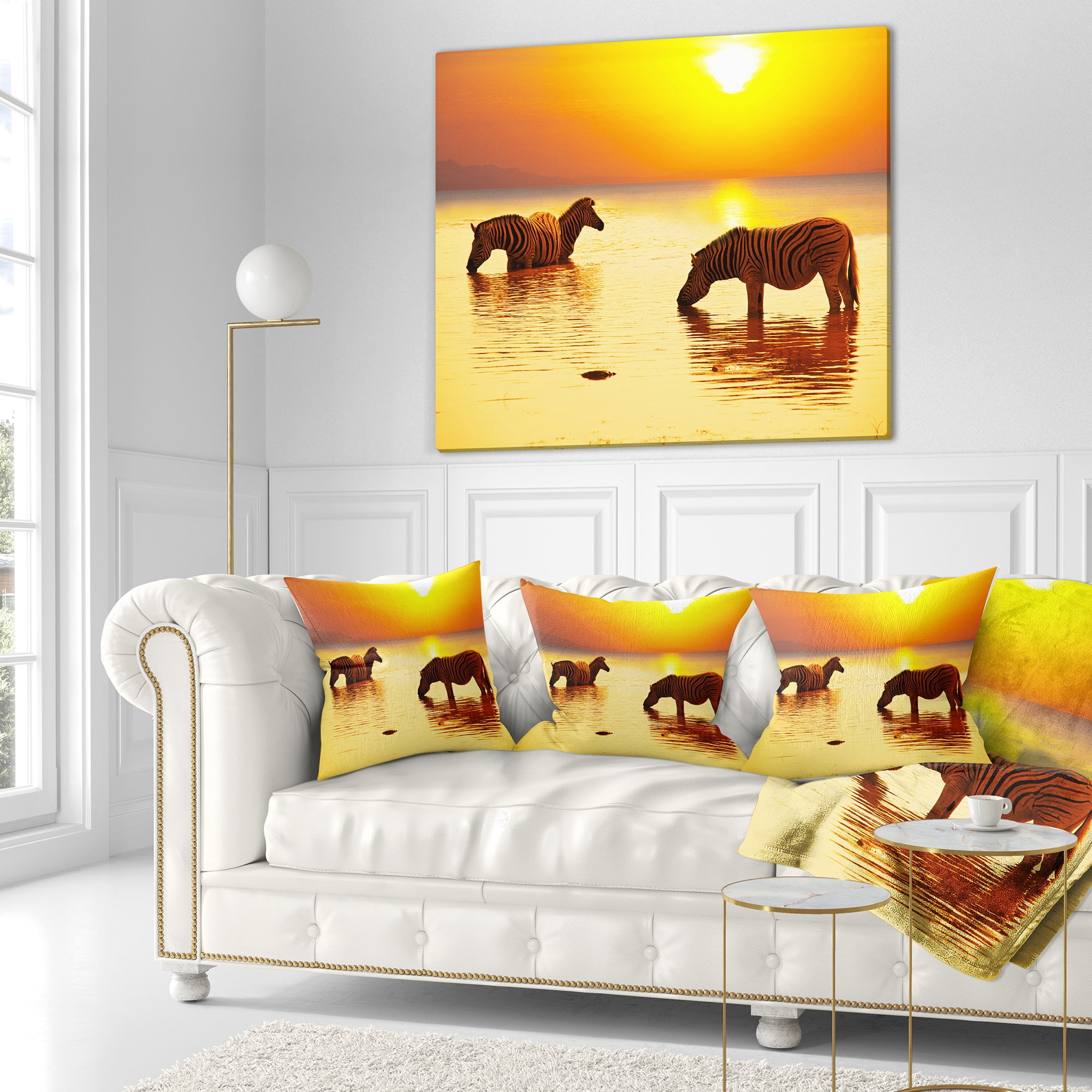 Designart Zebras Drinking in Lake at Sunset - Animals Throw Pillow - 18x18