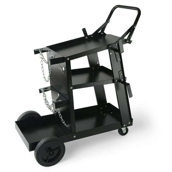 KFFKFF Welding Trolley, Triple-Deck Welder Trolley Robust with 400 Lbs Load Limit, 360° Rotating Casters, Cylinder Storage Security Chains, Mobile MIG Welder Trolley for TIG, ARC, MMA
