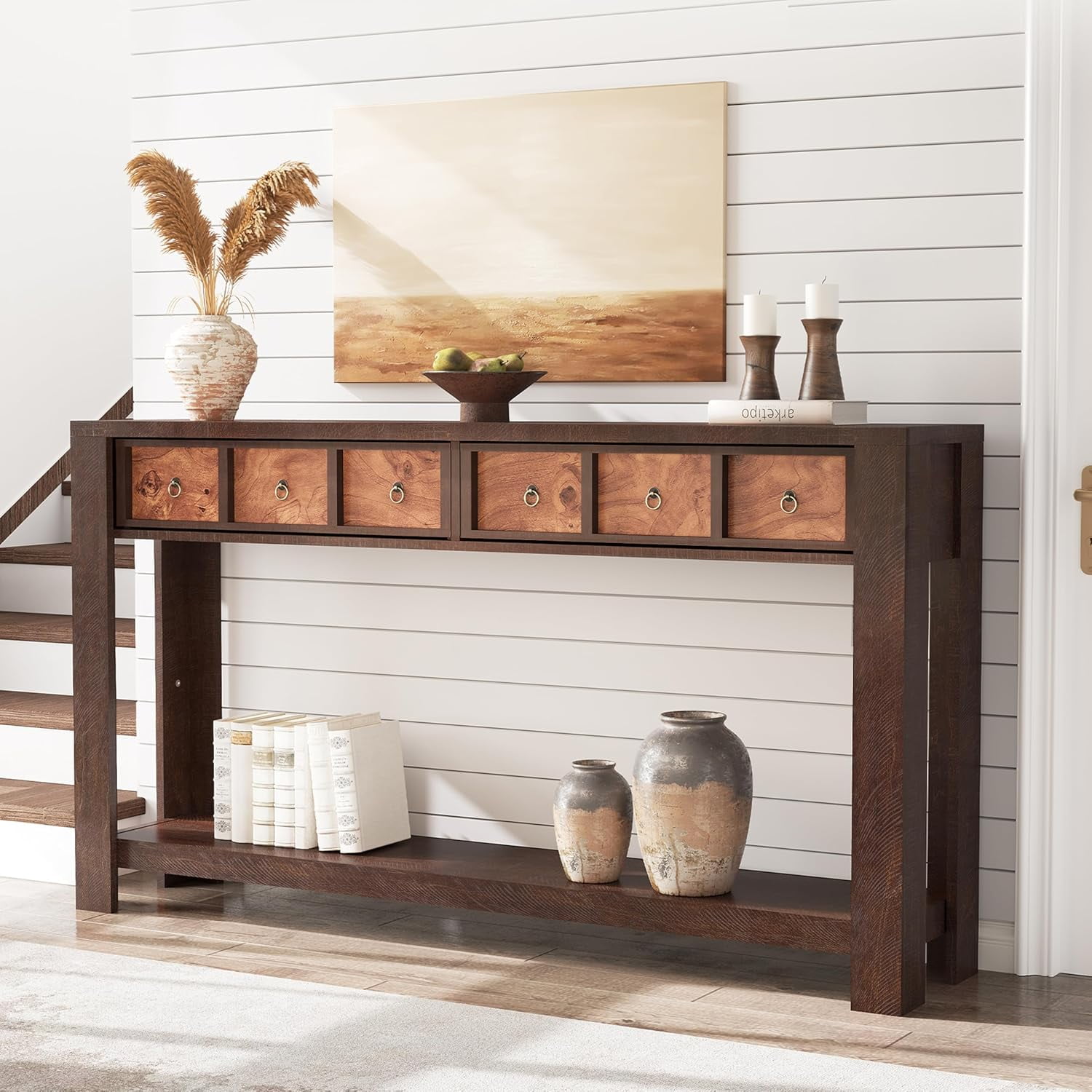 Entryway Table, 59" Console Table Narrow Sofa Table Behind Couch, Farmhouse Entry Table with 2 Drawers, 2-Tier Open Shelf Hallway Foyer Table, Reinforced l-Shape Legs, Color Blocking