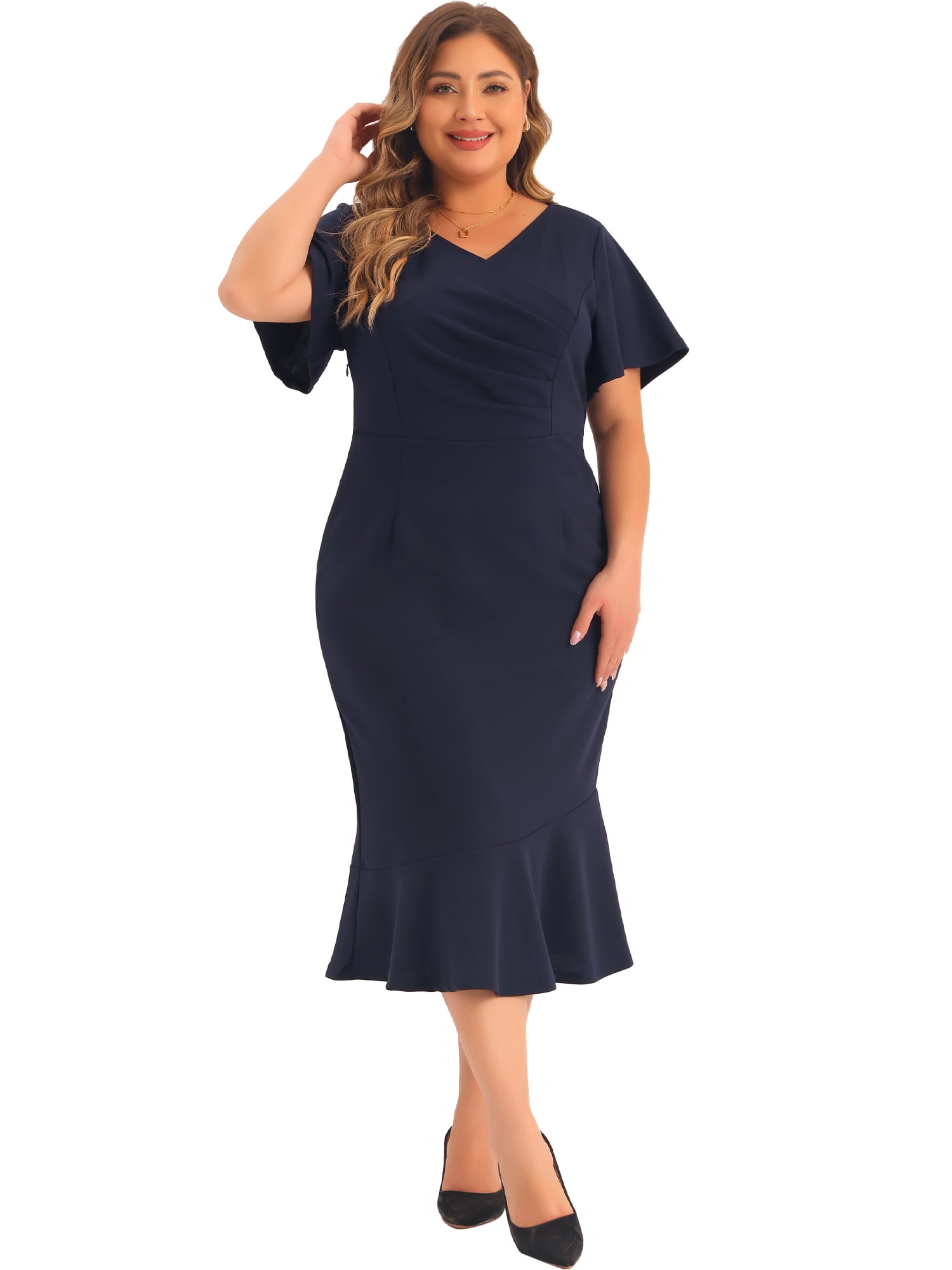 DARING DIVA Women's Plus Size V Neck Ruffled Short Sleeves Dress 1X Navy Blue