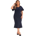 thumbnail image 3 of DARING DIVA Women's Plus Size V Neck Ruffled Short Sleeves Dress 4X Navy Blue, 3 of 6