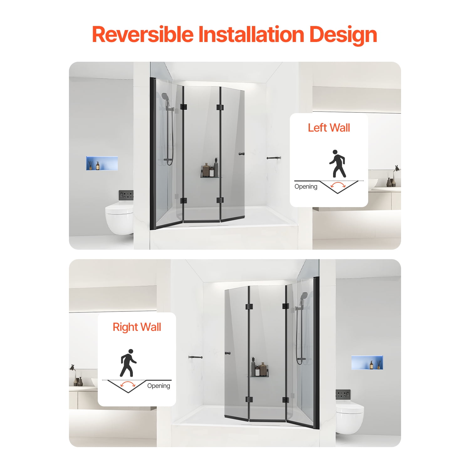 KFFKFF Shower Door for Bathtub, Dimensions 51 in. Width x 56 in. Height, Hinged Shower Door without Frame, Three-Fold Glass Shower Door with 1/4 in Thick Tempered Glass, Design that Rotates