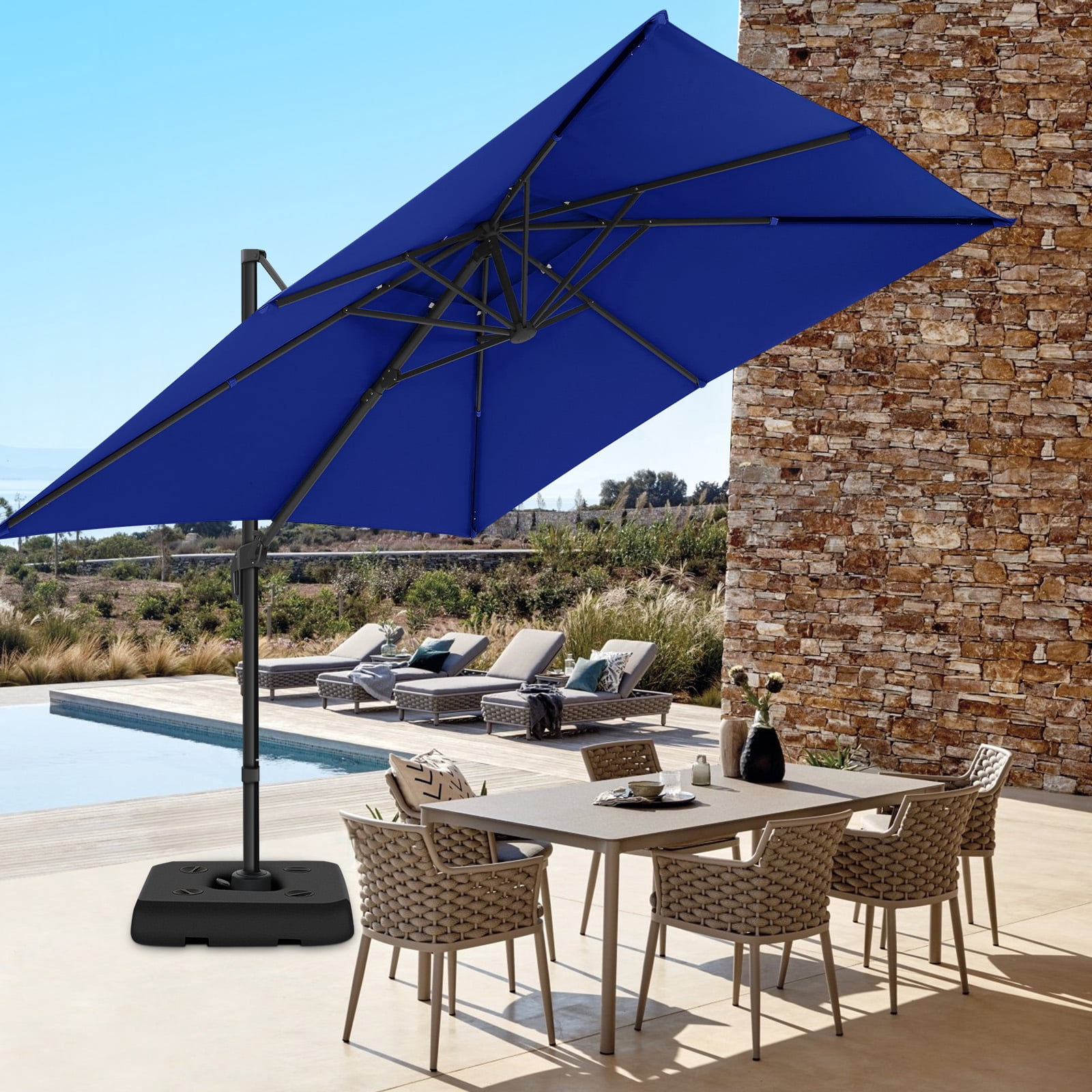 SANOPY 10'x10' Cantilever Umbrella Double Vented Umbrella with Steel Base Outdoor Offset Hanging Market Patio Umbrella Offset Cantilever Patio Umbrella for Patio Pool Deck, Dark Blue