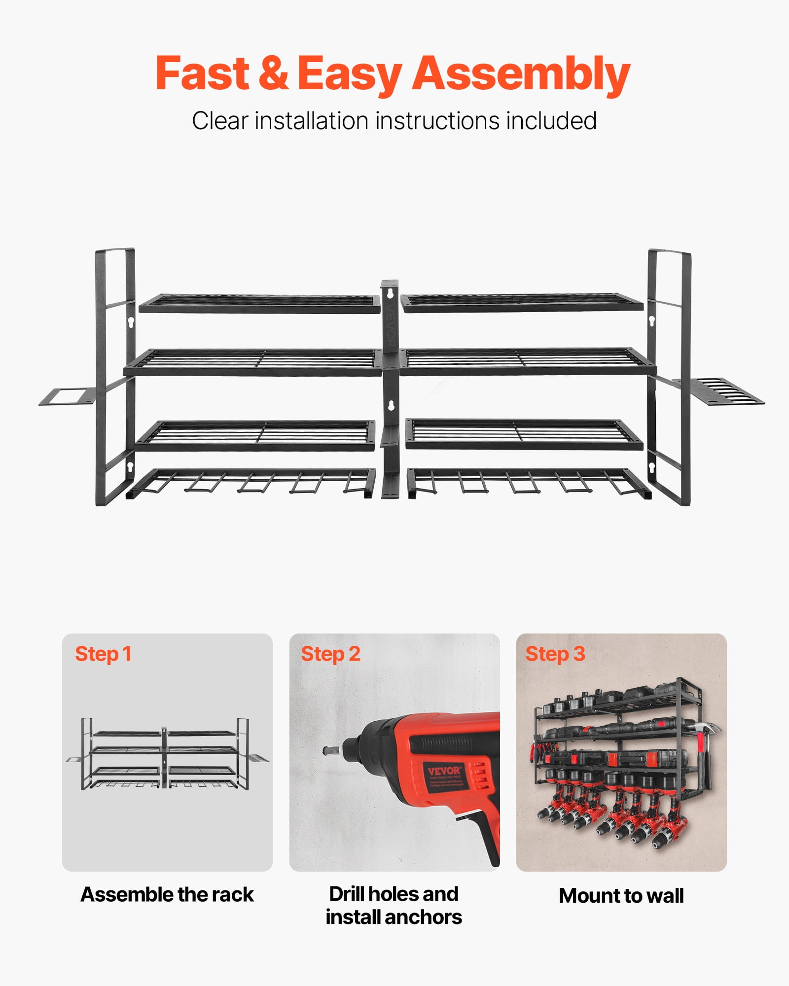VEVOR Power Tool Organizer Wall Mount, 4-Layer Storage Rack with 8 Drill Holders, Tools Holder and Storage Rack with Screwdriver Holder, Garage Tool Organizer for Garage, Workbench, and Workshop