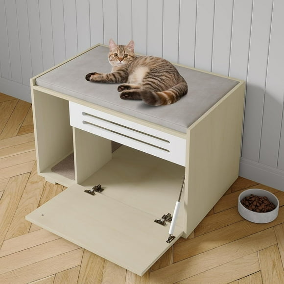 Historyli Mueble con recinto para caja de arena oculta para gatos, baño interior para gatos con apertura abatible, color madera