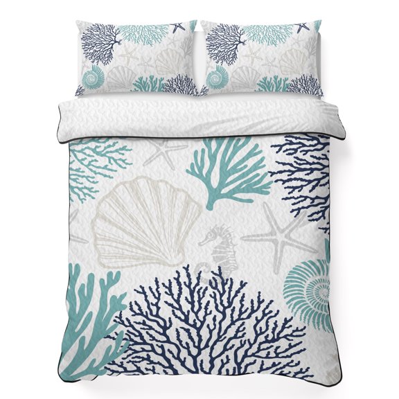 Twin XL Quilt Set 68''x98'', Teal Blue Grey Coastal Lightweight Bedspread Coverlet Set with 2 Pillow Shams, Summer Beach Coral Shell Starfish Breathable All Season Quilt Bedding for Dorm/Guest Room