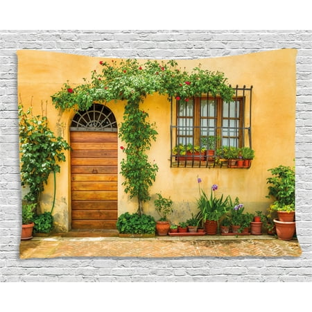 Italy Tapestry, Porch with Different Flowers Pots Fresh Green Plants City Life in Tuscany, Wall Hanging for Bedroom Living Room Dorm Decor, 80W X 60L Inches, Apricot Green Brown, by