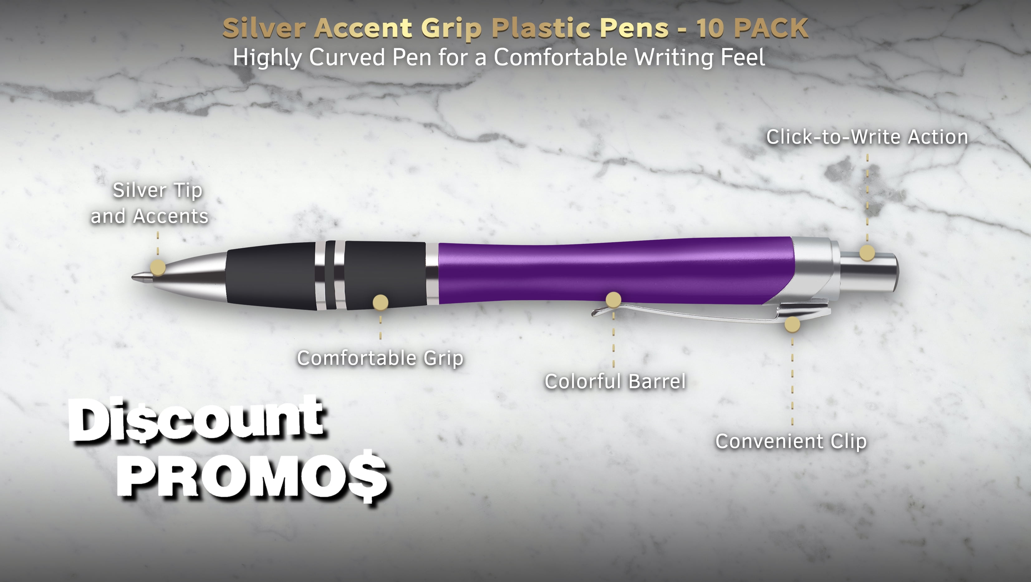 10 Silver Accent Grip Plastic Pens Pack - Click action, Rubber Grip - Purple