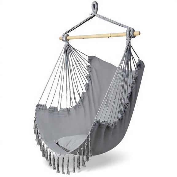 FENGFAN Light Gray Tassel Hanging Chair Soft Pillow Design Terylene Fabric 198LB Load Capacity Indoor Outdoor Swing Chair 1 Pack