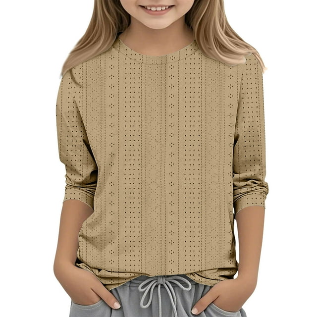 MKOSPLRT Hauts pour Enfants à Manches 3/4 Col Rond Décontracté Chic T-Shirts Tunique Brodée Œillet Confortable Blouses Unies 3-12 Ans