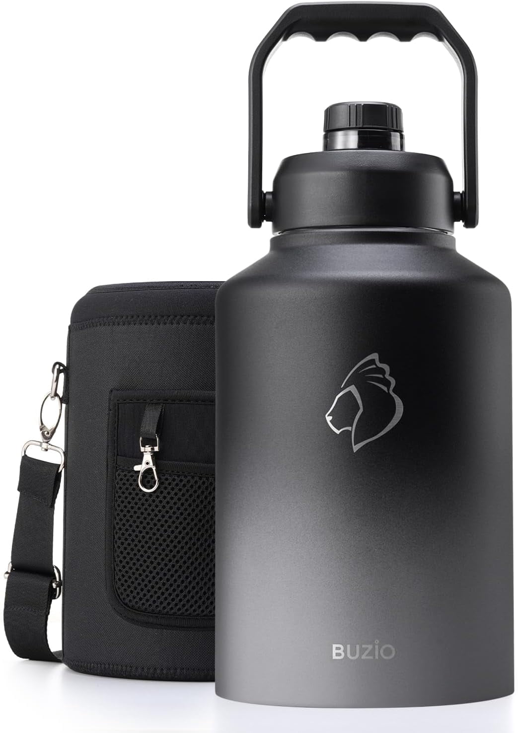 BUZIO 128oz One Gallon Insulated Large Stainless Steel Big Wide Mouth Water Jug Flask Water Bottle with Carrying Sleeve,Black Gray