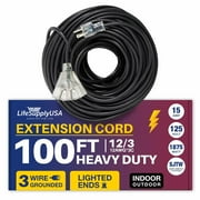 100ft Power Outdoor Extension Cord & Indoor - Waterproof Electric Drop Cord Cable - 3 Prong, 3-Outlet, SJTW, 12 Gauge, 15 AMP, 125 Volts, 1875 Watts, 12/3 by LifeSupplyUSA - Black (1 Pack)