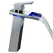 Modern Bathroom Waterfall Style Vessel LED-Thermal Sink Faucet powered by Battery