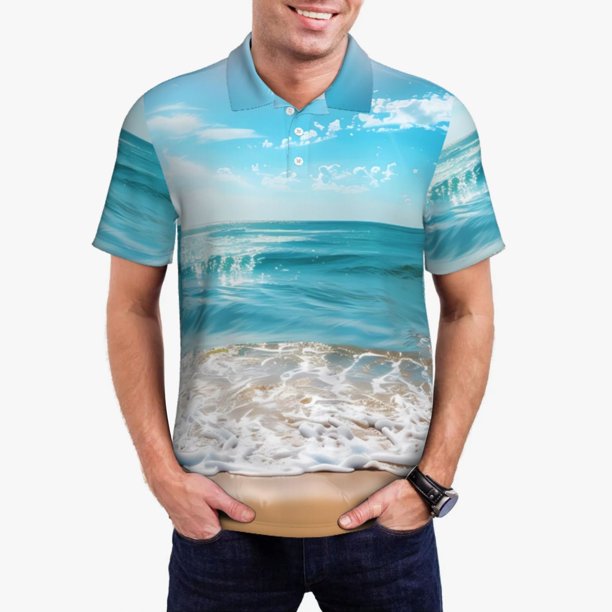 Balery Sunny Ocean Waves Camisa Polo de Hombre con Estampado, de Manga Corta y Tejido Medio, Camisa Tipo Golf Polo-Small