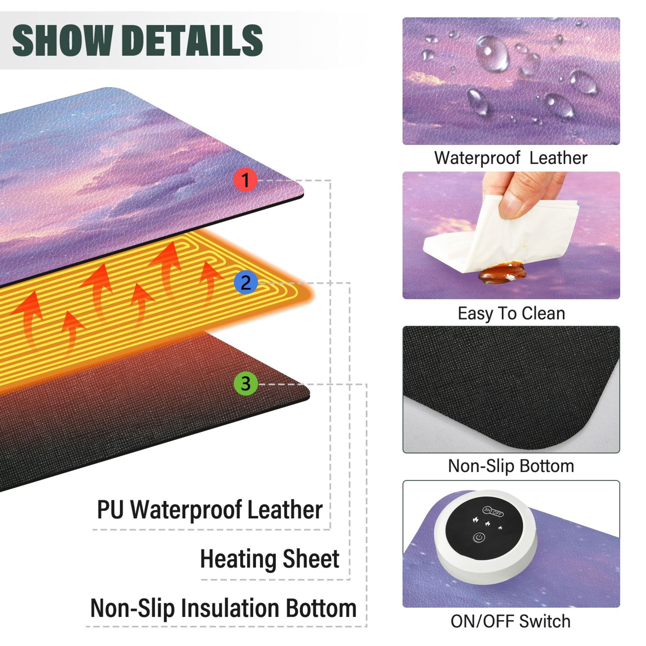 Large Heated Desk Mat Mouse Pad 31.5"x13"PU Leather Graphene Heating Desk Warmer with 3 Temperature Settings 110V US Plug Non-Slip Warm Pad for Home, Office, and Gaming Cotton Candy Dawn Sky