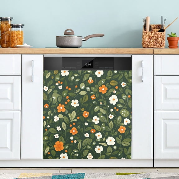 Yayeee Magnetic Dishwasher Cover for The Front Decoration Home Kitchen Machine Sticker Protector, Green Flowers Pattern