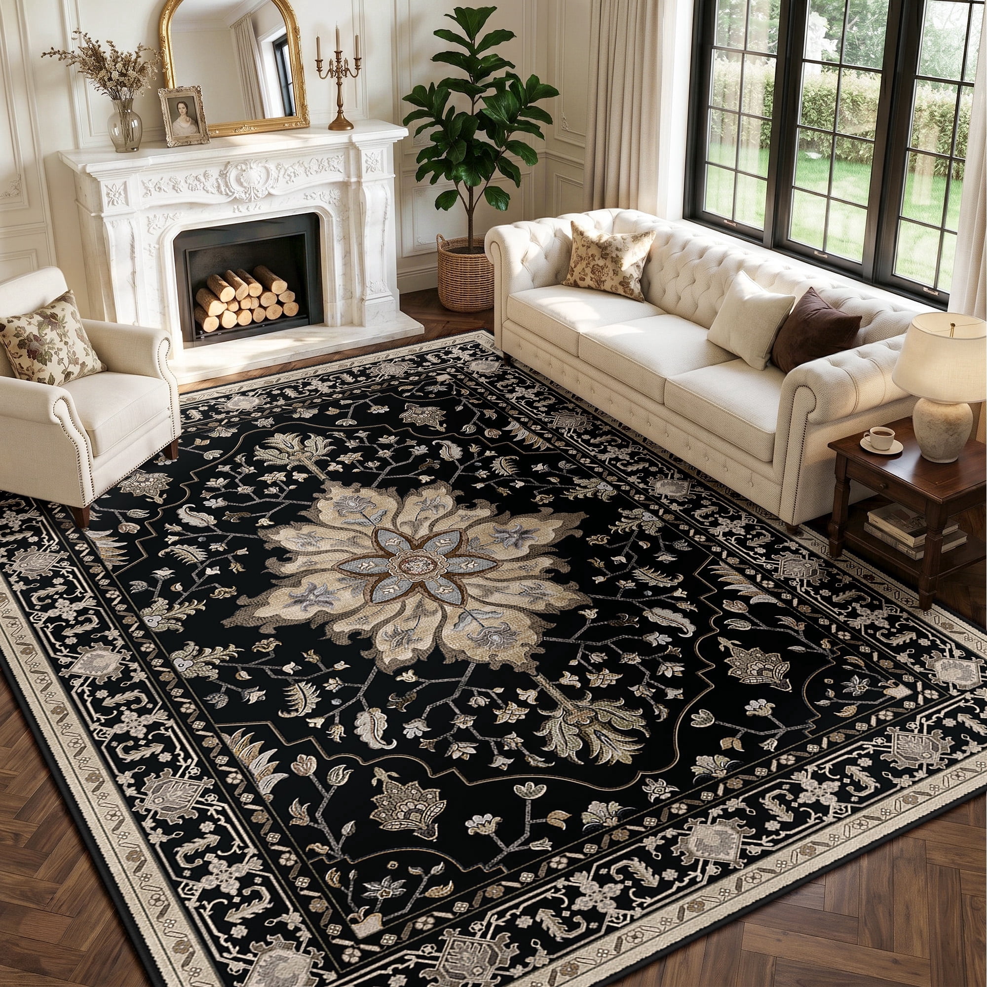 NewBuros 9'x12' Washable Area Rug for Living Room, Non Slip Vintage Distress Print Pattern Floral Rug, Soft Low Pile Indoor Carpet for Bedroom Dining Room, Black