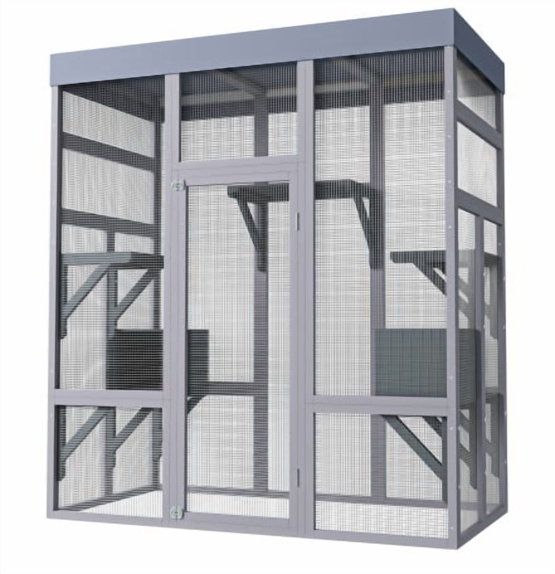 70＂H Catio Outdoor Cat Enclosure, Large Wood Cat House for Multiple Cats with Waterproof Roof, Cat Shelter Enclosure with 7 Jumping Platforms and 2 Napping House