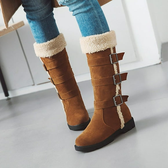 EGNMCR Knee High Boots Women's Splicing Retro Low Heel Round Boots Shoes