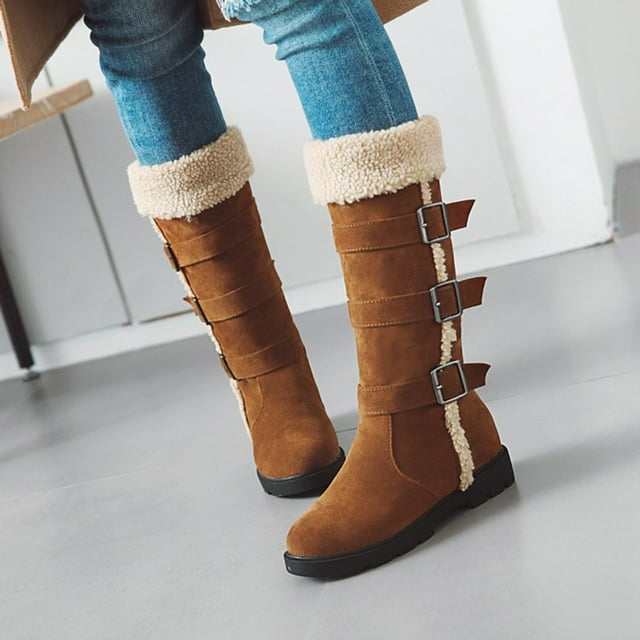 EGNMCR Bottes Hauteur Genou pour Femmes à Empiècements Rétro à Talon Bas Bottes Rondes Chaussures