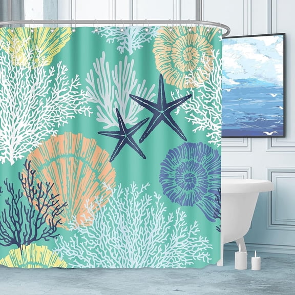 Nautical Coastal Waterproof Fabric Shower Curtain Starfish Seashell Coral Beach Themed Bath Curtain Ocean Shower Curtains for Bathroom with 12 Hooks, 72x72, Turquoise