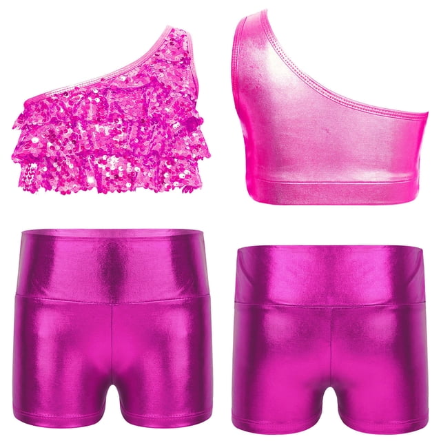 Oyolan Big Girls Gymnastic Workout Set 2PCS Crop Tops with Shorts 4-16 Years Sequins Dance Outfit Hot Pink 10