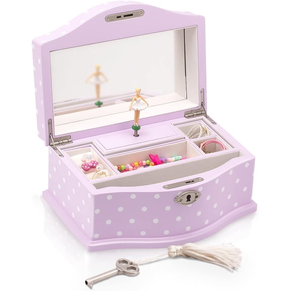 Elle Jewelry Box - Ballerina Jewelry Organizer and Swan Lake Wind-Up Music Box for Girls and Teens, Accessories and Keepsake Wooden Storage with Lock and Mirror, Charming Room Decor and Gift, Large