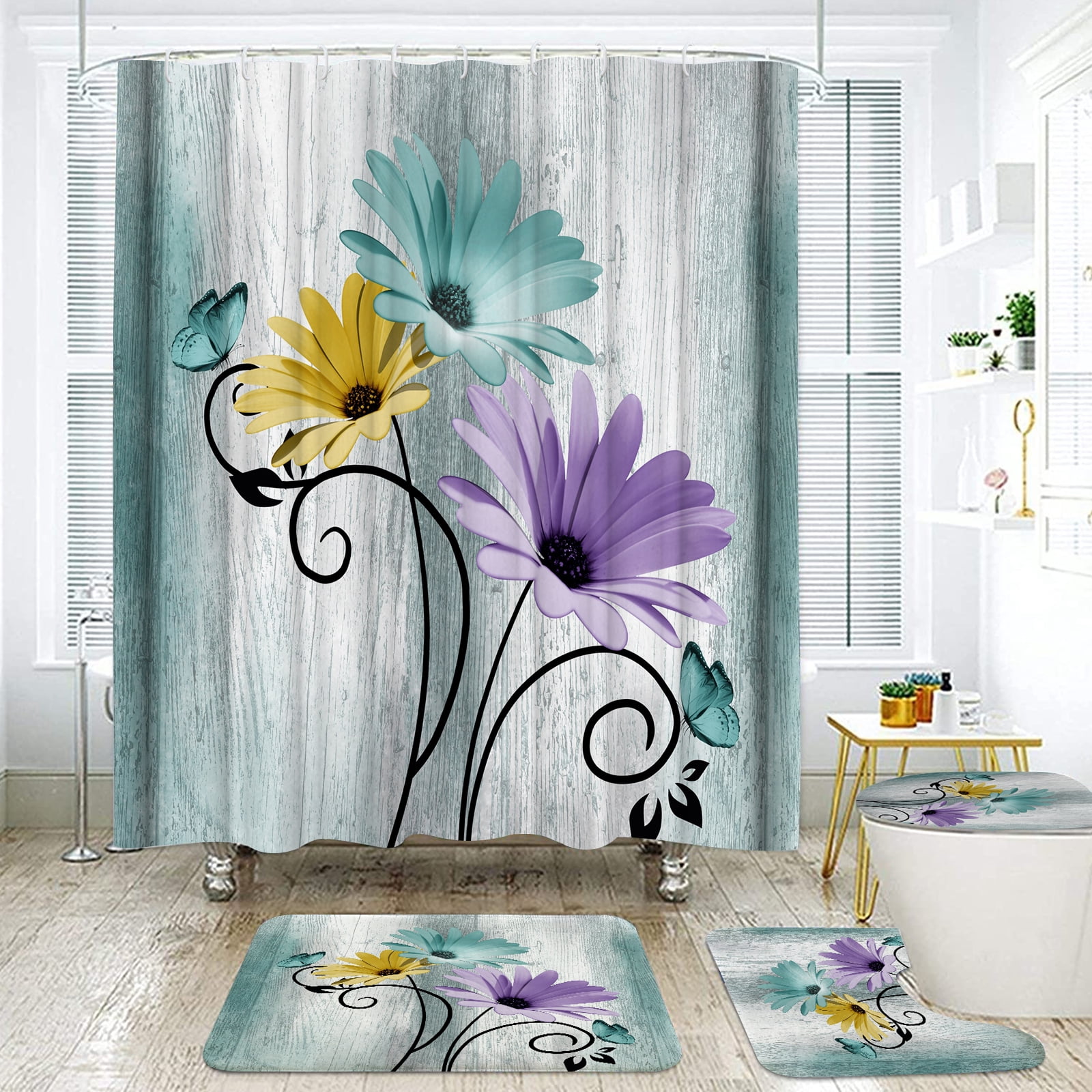 Hadint 4Pcs Blue Green Daisy Floral and Butterfly Shower Curtain Set, Bathroom Shower Curtain and Rug Set, 12 Pcs Hooks, 71inx71in